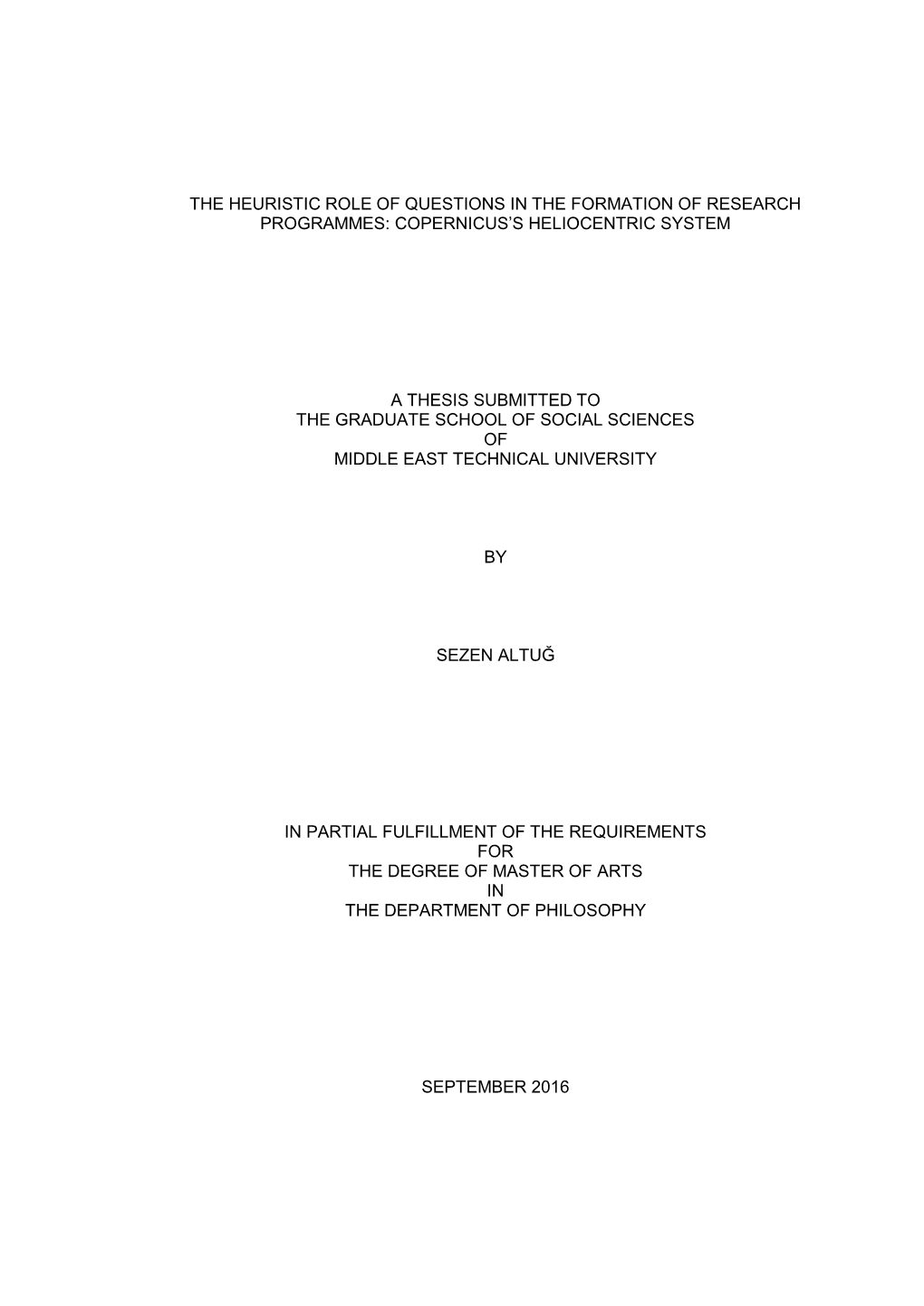 Copernicus's Heliocentric System a Thesis Submitted T