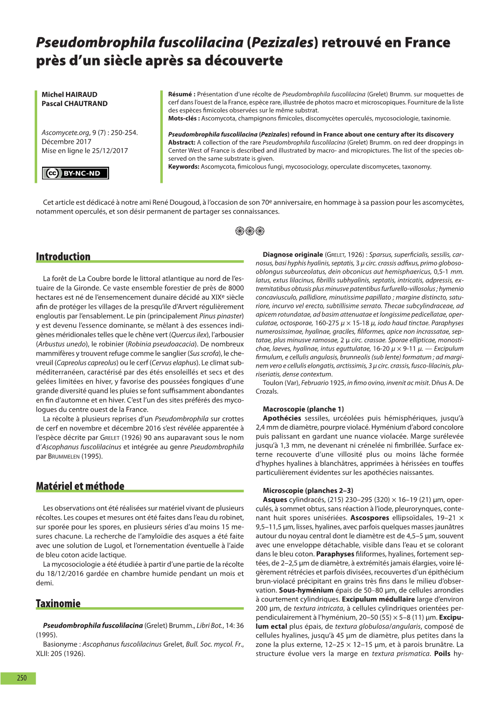 Pseudombrophila Fuscolilacina (Pezizales) Retrouvé En France Près D’Un Siècle Après Sa Découverte