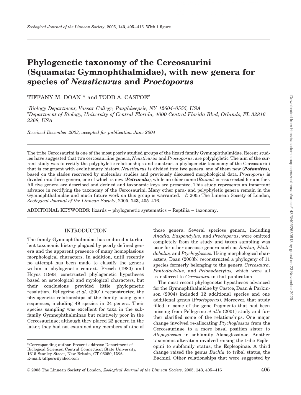 Phylogenetic Taxonomy of the Cercosaurini (Squamata: Gymnophthalmidae), with New Genera for Species of Neusticurus and Proctoporus