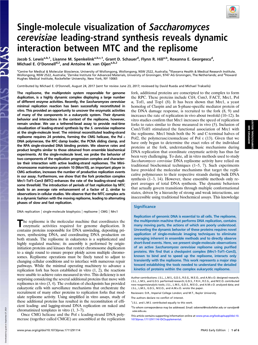 Single-Molecule Visualization of Saccharomyces Cerevisiae Leading-Strand Synthesis Reveals Dynamic Interaction Between MTC and the Replisome