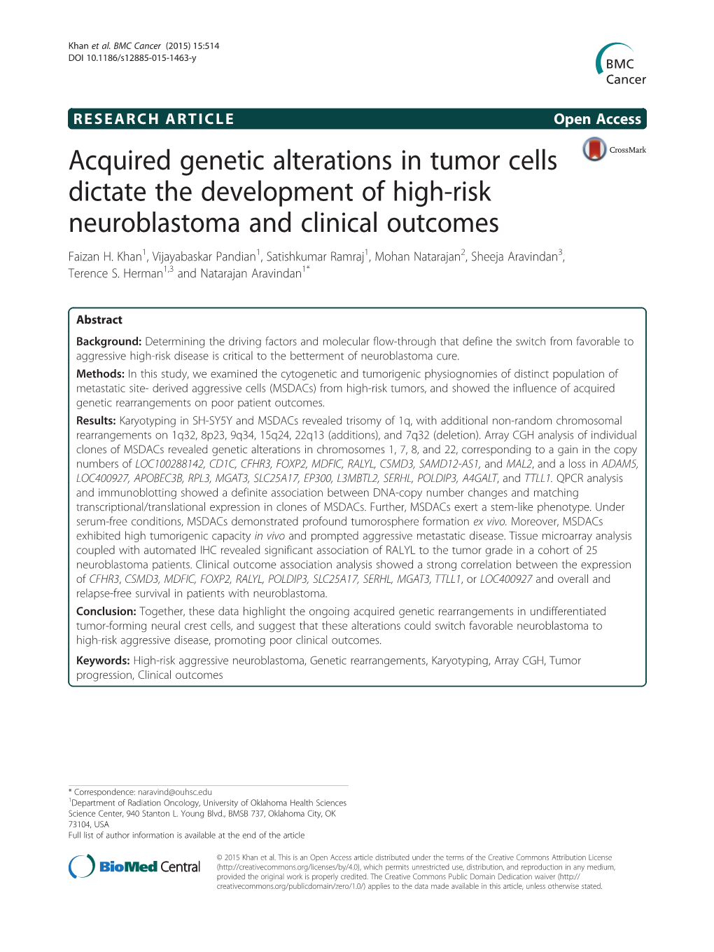 Acquired Genetic Alterations in Tumor Cells Dictate the Development of High-Risk Neuroblastoma and Clinical Outcomes Faizan H