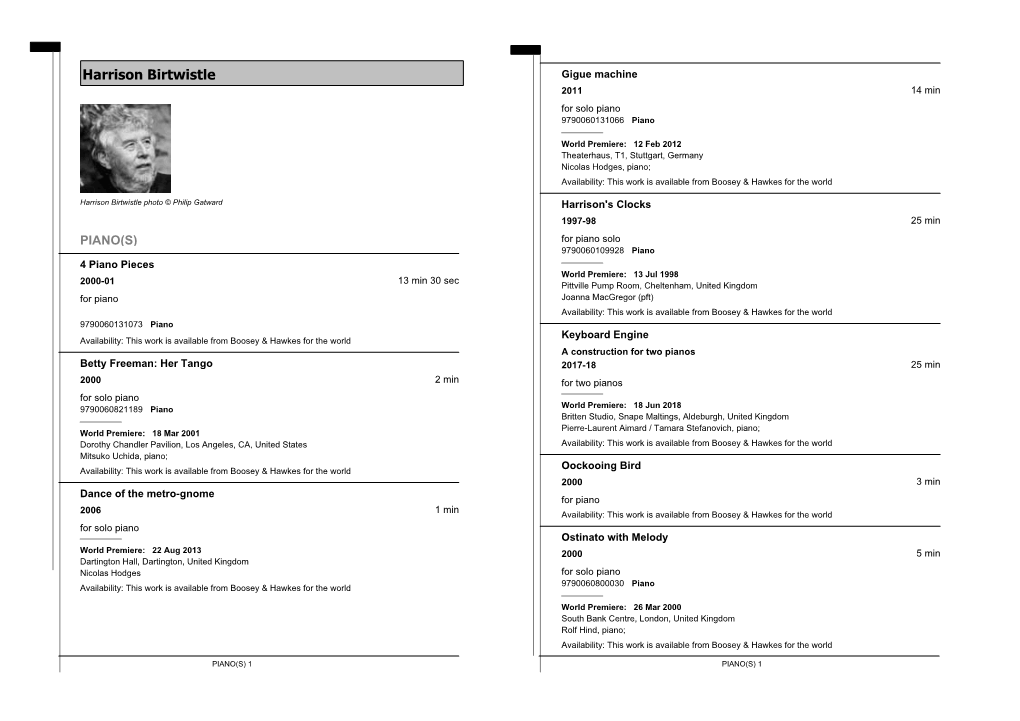 Harrison Birtwistle Gigue Machine 2011 14 Min for Solo Piano 9790060131066 Piano