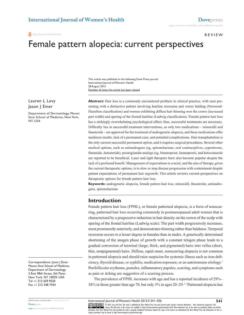 Female Pattern Alopecia: Current Perspectives