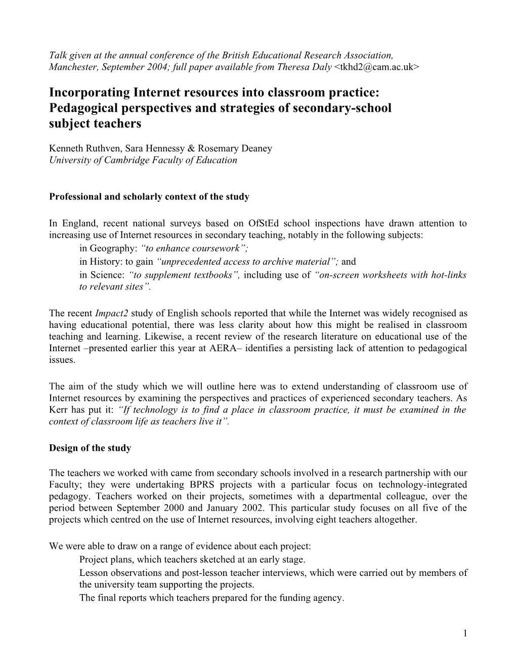 Presentation At The Annual Conference Of The British Educational Research Association, Manchester, September 2004; Full Paper A