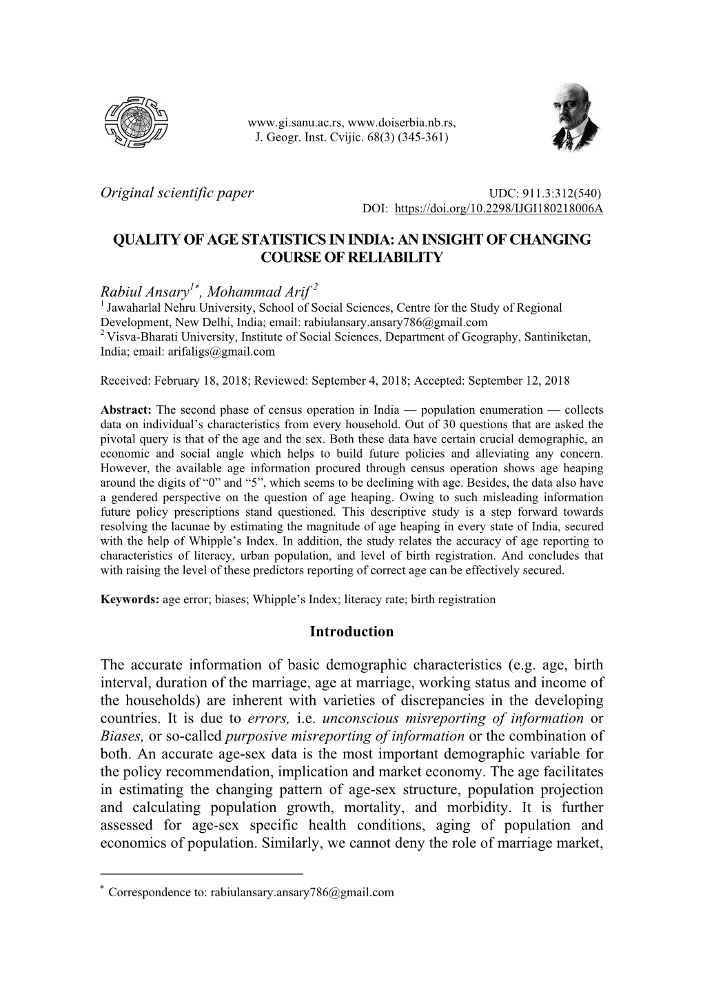 Original Scientific Paper QUALITY of AGE STATISTICS in INDIA