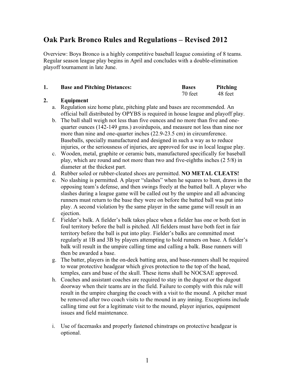 Oak Park Bronco Rules and Regulations – Revised 2012