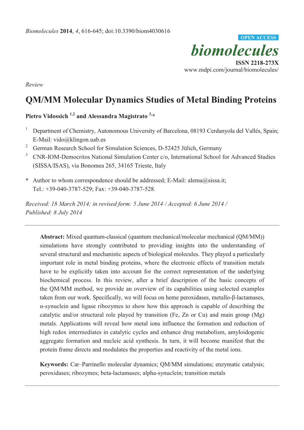 QM/MM Molecular Dynamics Studies of Metal Binding Proteins