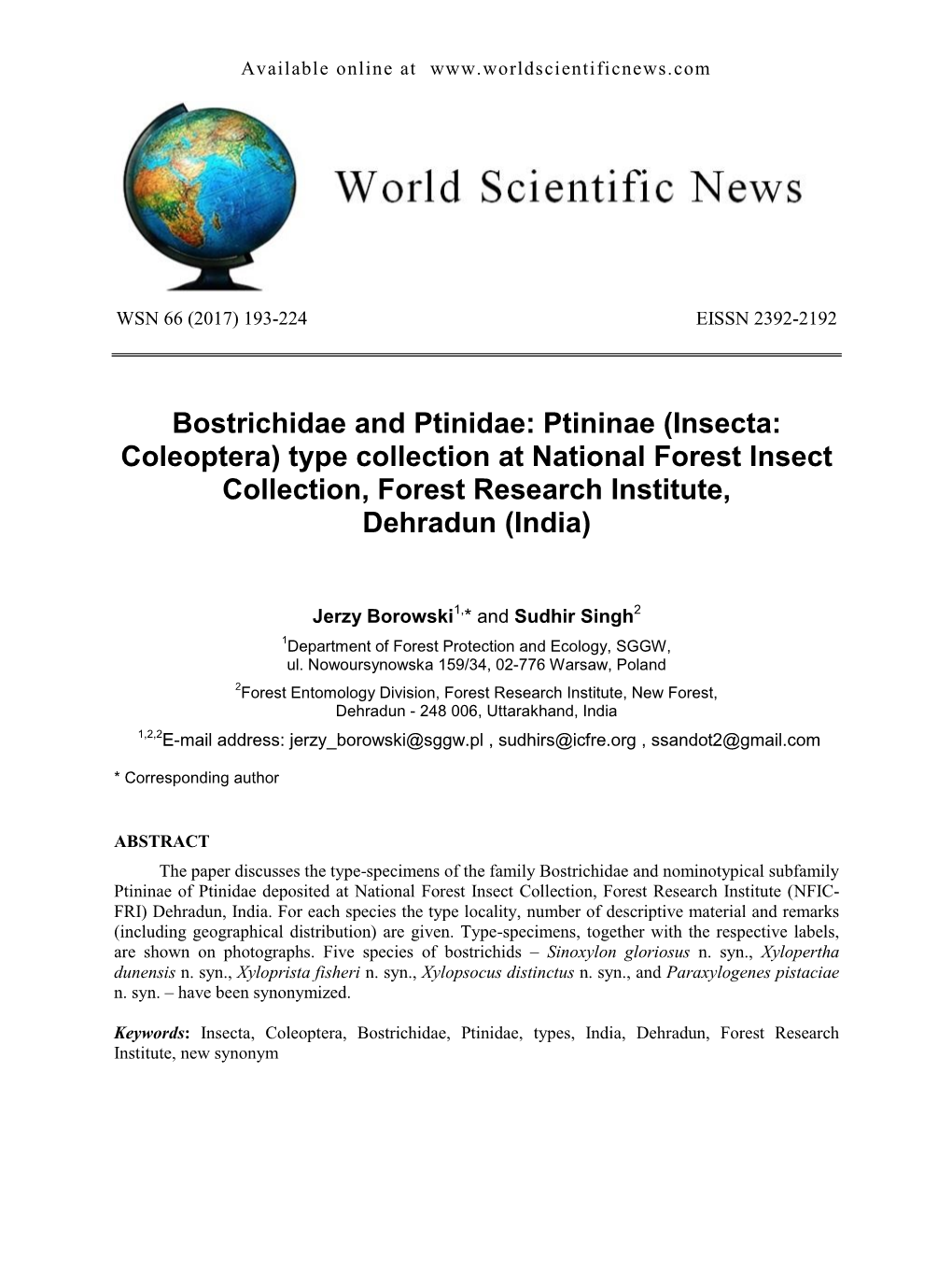 Bostrichidae and Ptinidae: Ptininae (Insecta: Coleoptera) Type Collection at National Forest Insect Collection, Forest Research Institute, Dehradun (India)