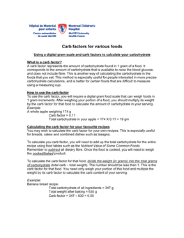 Carb Factors for Various Foods