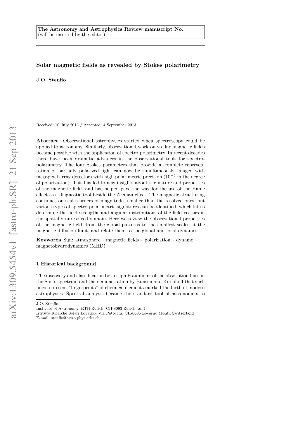 Arxiv:1309.5454V1 [Astro-Ph.SR] 21 Sep 2013 E-Mail: Stenﬂo@Astro.Phys.Ethz.Ch 2 J.O