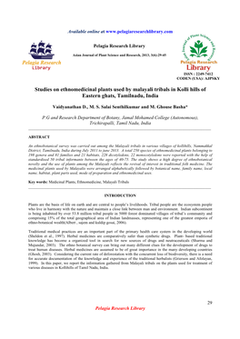 Studies on Ethnomedicinal Plants Used by Malayali Tribals in Kolli Hills of Eastern Ghats, Tamilnadu, India