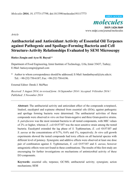 Antibacterial and Antioxidant Activity of Essential Oil Terpenes Against