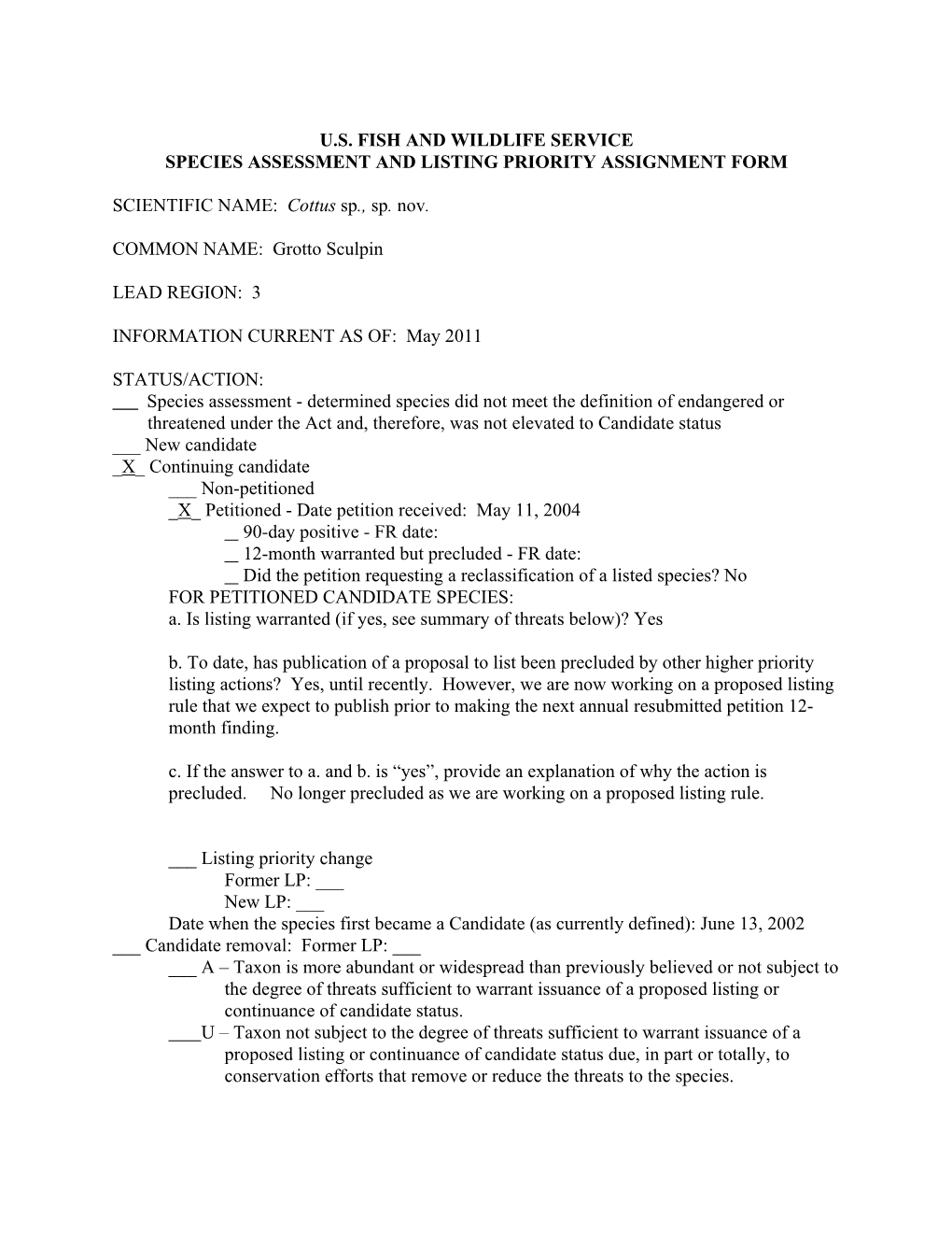 U.S. Fish and Wildlife Service Species Assessment and Listing Priority Assignment Form