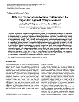 Defense Responses in Tomato Fruit Induced by Oligandrin Against Botrytis Cinerea