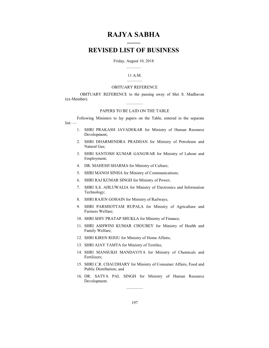 Rajya Sabha —— Revised List of Business