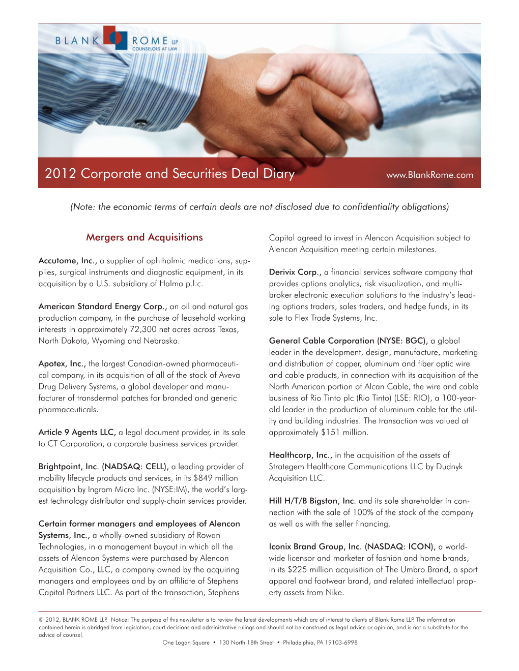2012 Corporate and Securities Deal Diary