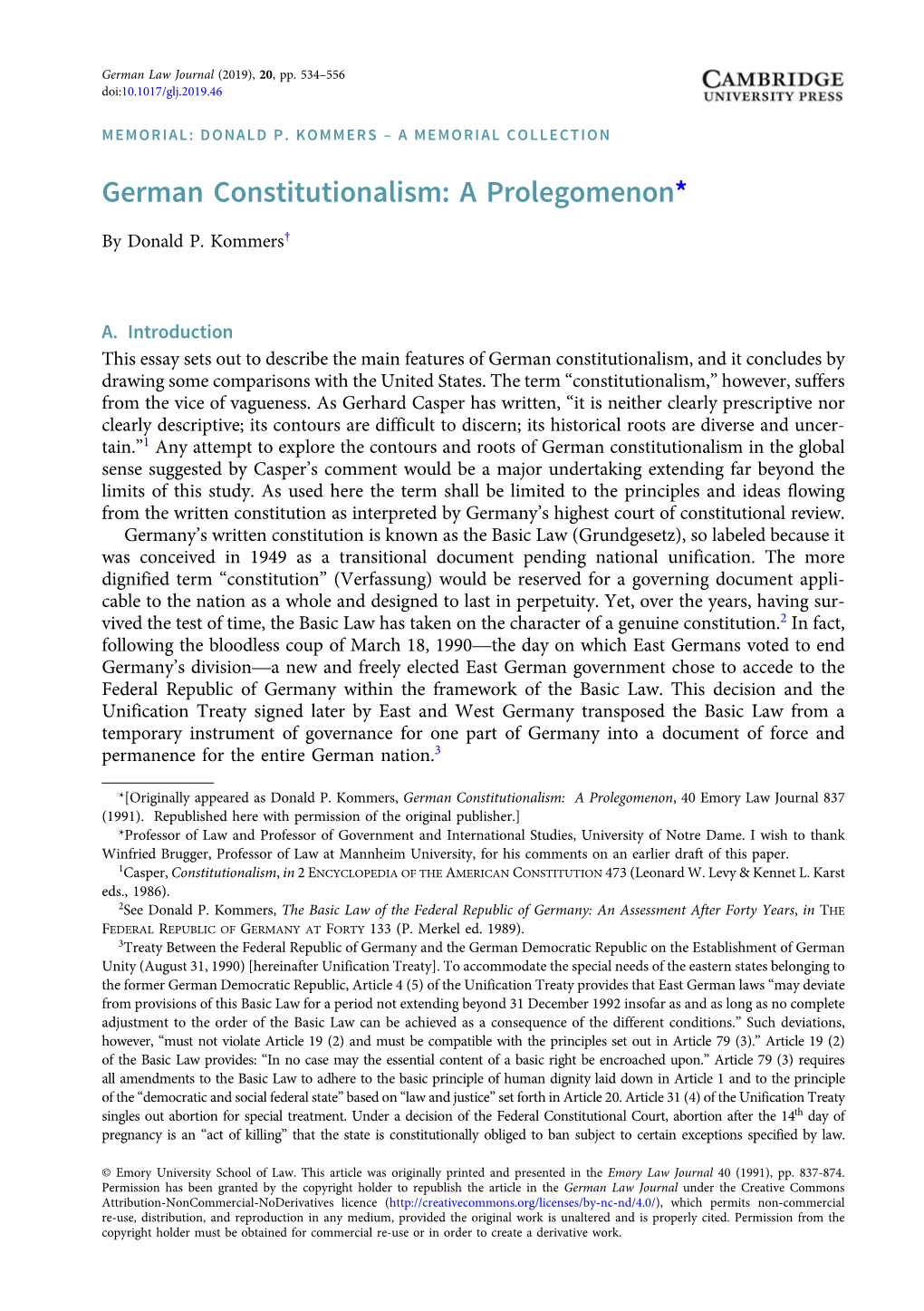 German Constitutionalism: a Prolegomenon*