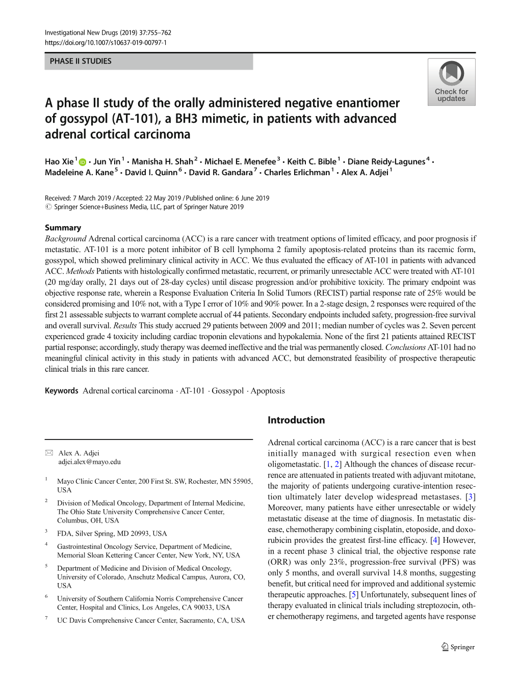 A Phase II Study of the Orally Administered Negative Enantiomer of Gossypol (AT-101), a BH3 Mimetic, in Patients with Advanced Adrenal Cortical Carcinoma