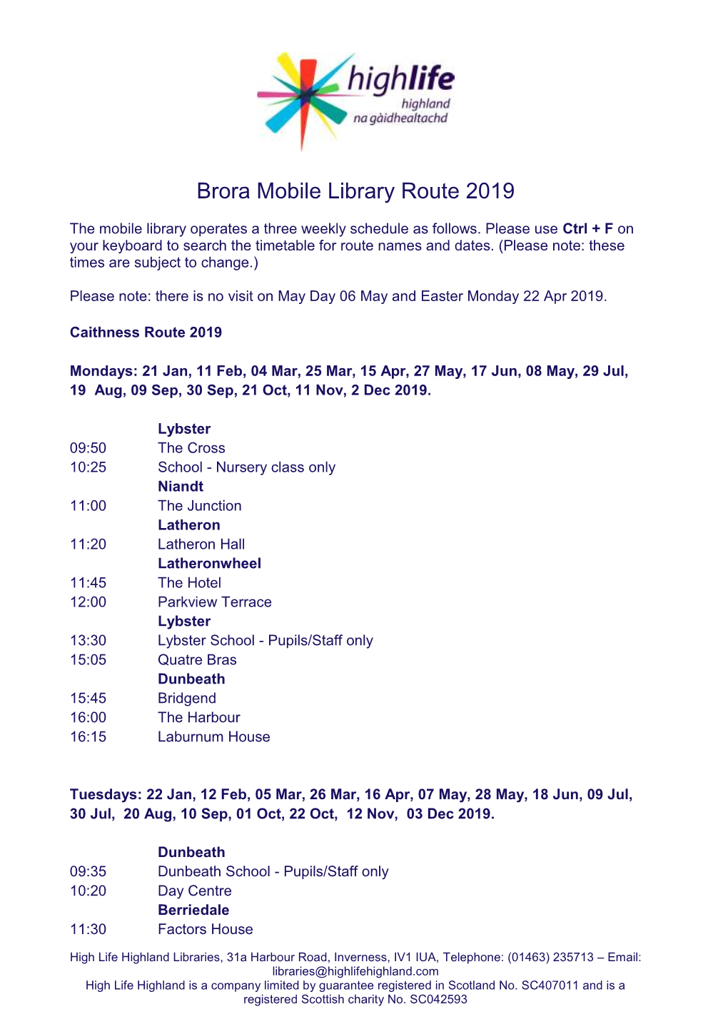 Brora Mobile Library Route 2019