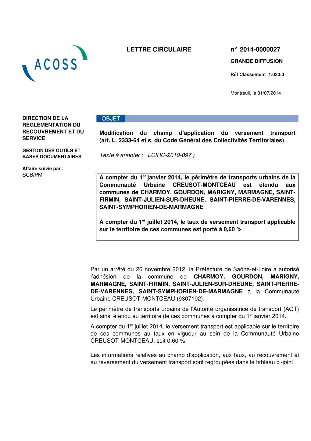 LETTRE CIRCULAIRE N° 20140000027