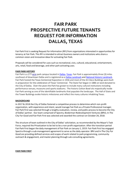 Fair Park Prospective Future Tenants Request for Information Dallas, Texas