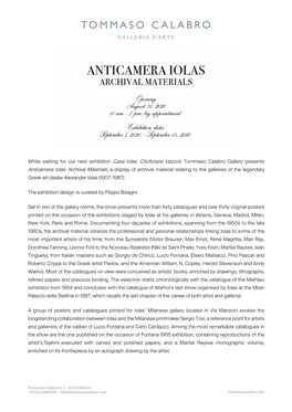 While Waiting for Our Next Exhibition Casa Iolas. Citofonare Vezzoli, Tommaso Calabro Gallery Presents Anticamera Iolas
