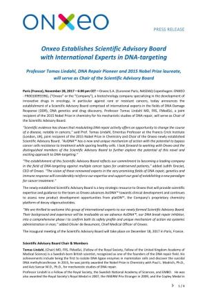 Onxeo Establishes Scientific Advisory Board with International Experts in DNA-Targeting