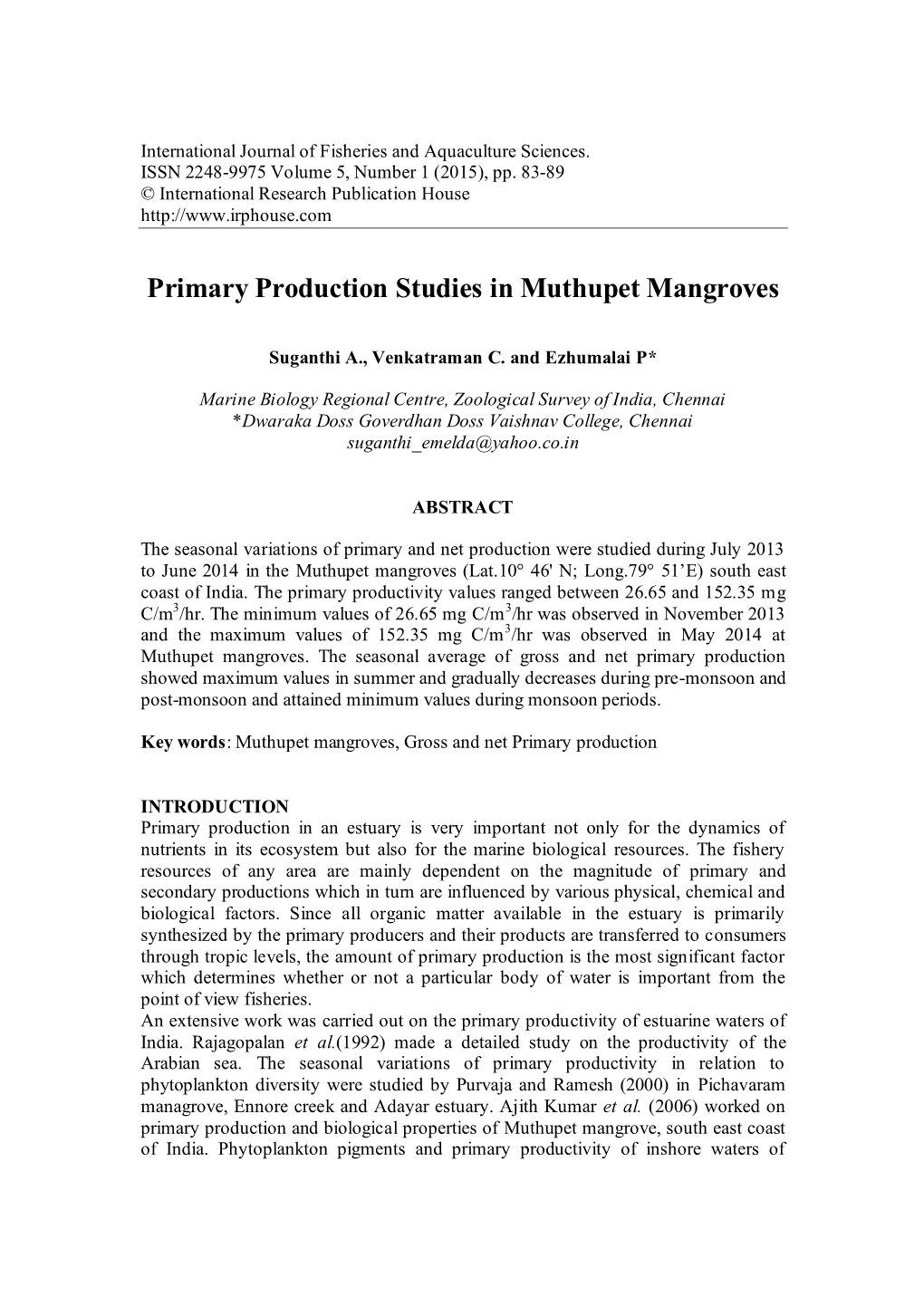 Primary Production Studies in Muthupet Mangroves