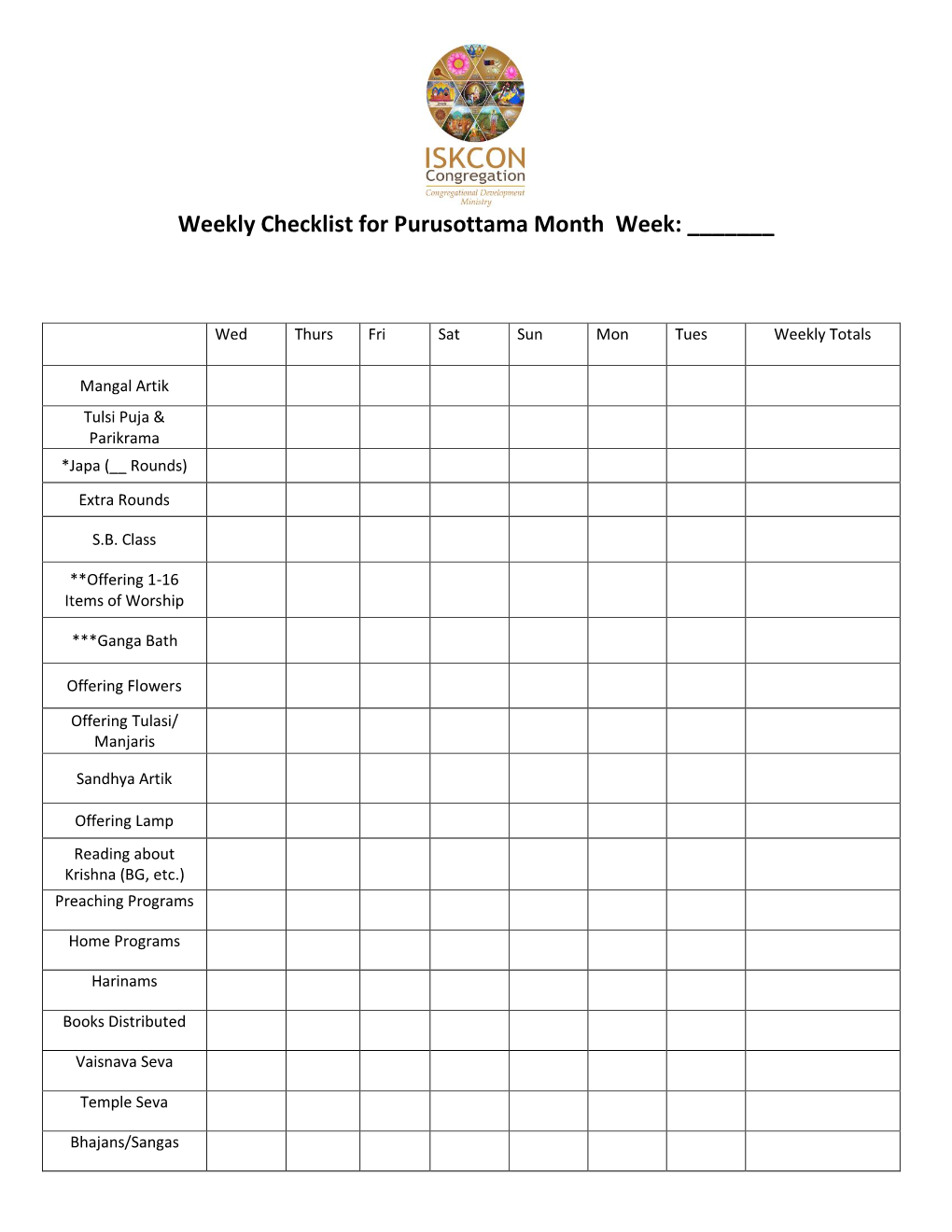 Weekly Checklist for Purusottama Month Week: ______