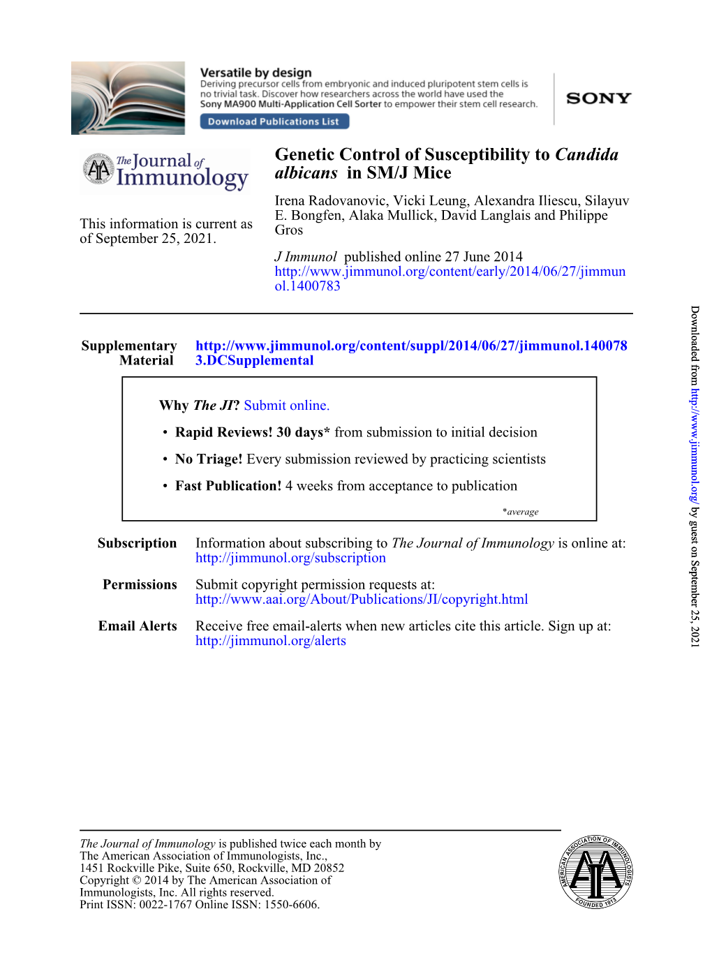 In SM/J Mice Albicans Candida Genetic Control of Susceptibility To