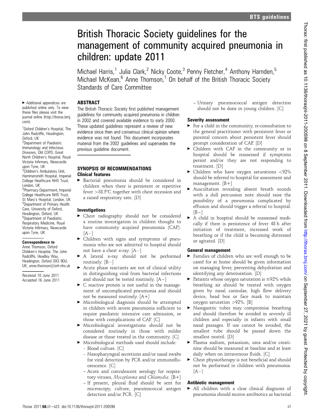 British Thoracic Society Guidelines for the Management of Community Acquired Pneumonia in Children: Update 2011