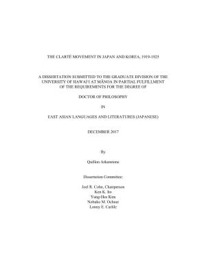 The Clarté Movement in Japan and Korea, 1919-1925 a Dissertation Submitted to the Graduate Division of the University of Hawai