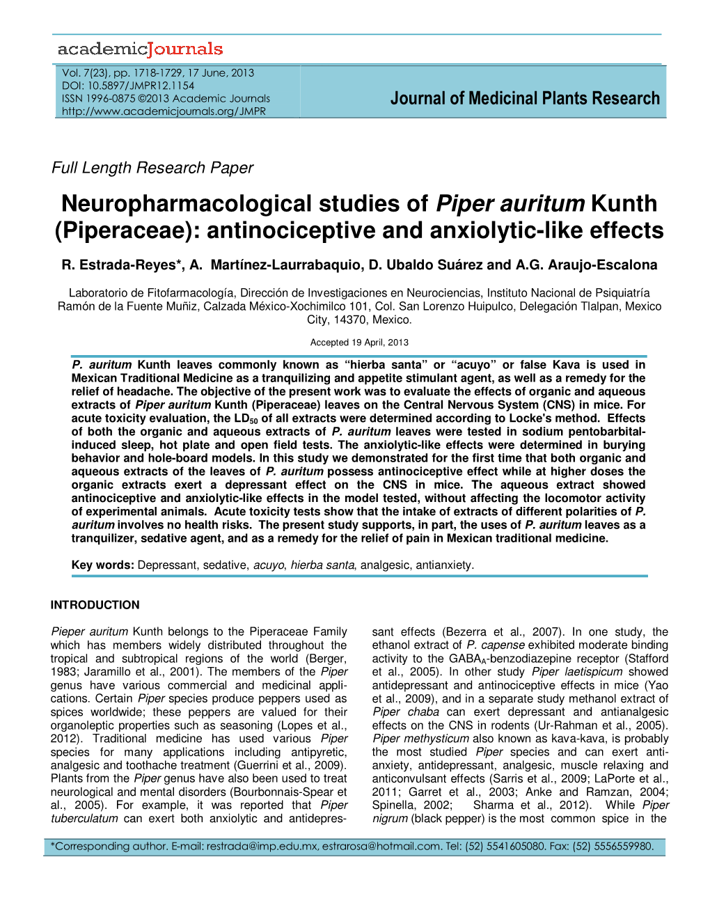 Neuropharmacological Studies of Piper Auritum Kunth (Piperaceae): Antinociceptive and Anxiolytic-Like Effects