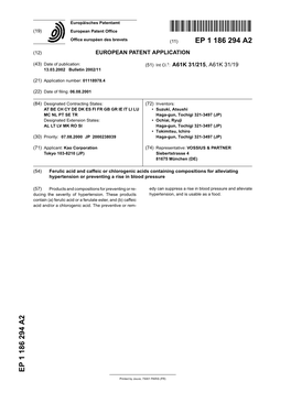 Ferulic Acid and Caffeic Or Chlorogenic Acids Containing Compositions for Alleviating Hypertension Or Preventing a Rise in Blood Pressure