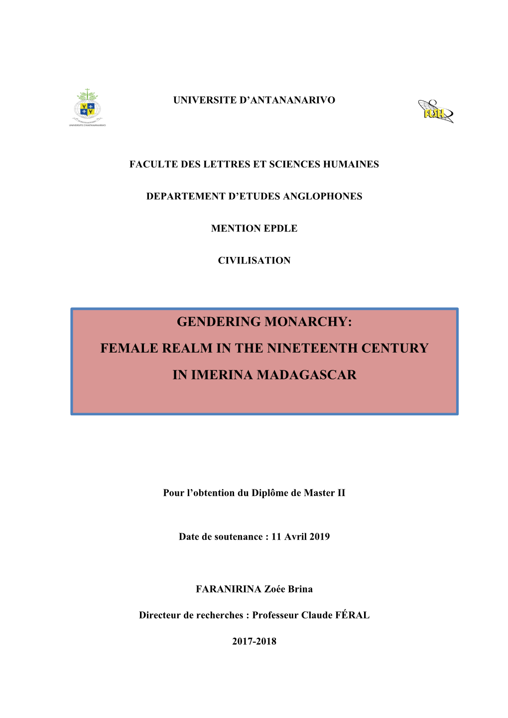 Female Realm in the Nineteenth Century in Imerina Madagascar”