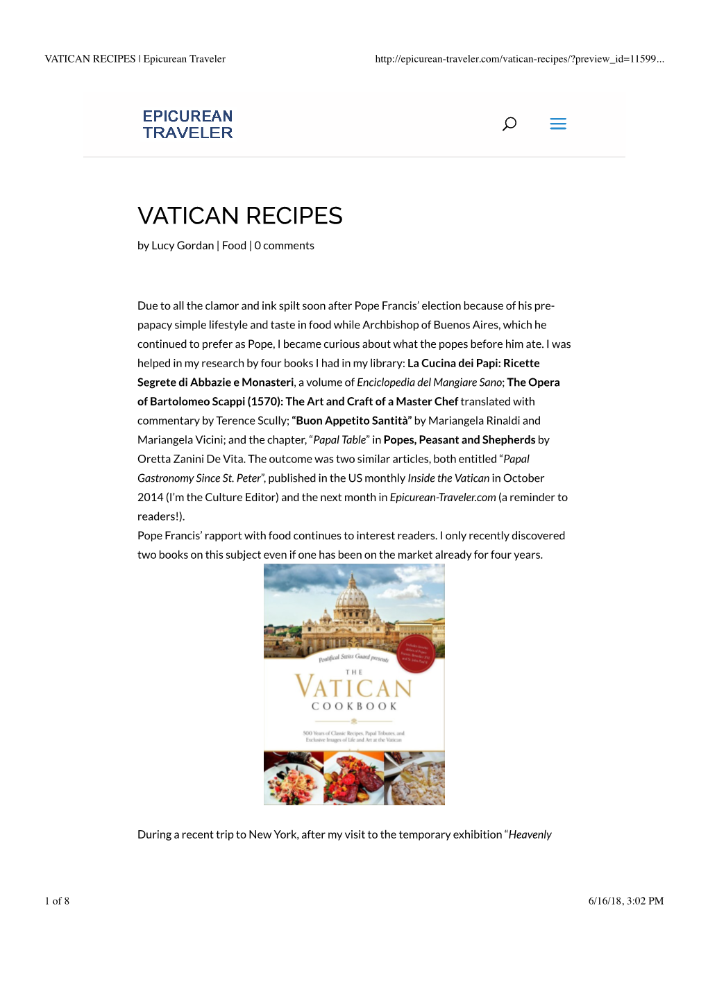 VATICAN RECIPES | Epicurean Traveler