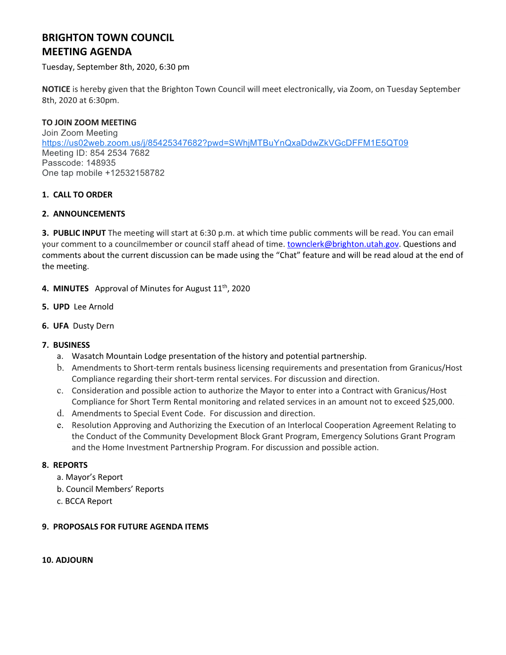 Brighton Town Council Meeting Agenda