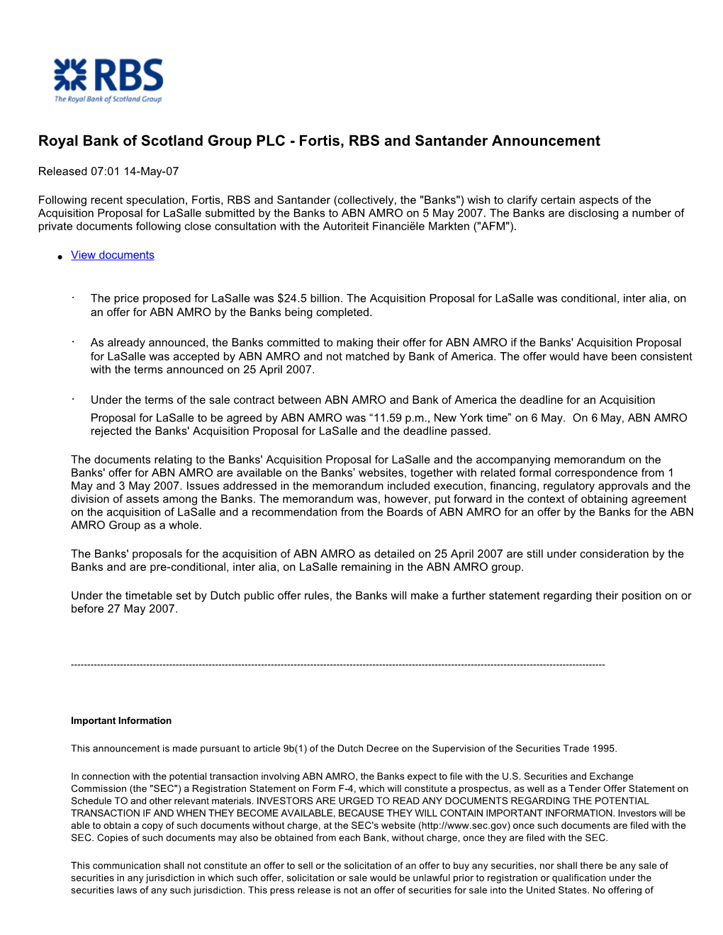 Royal Bank of Scotland Group PLC - Fortis, RBS and Santander Announcement