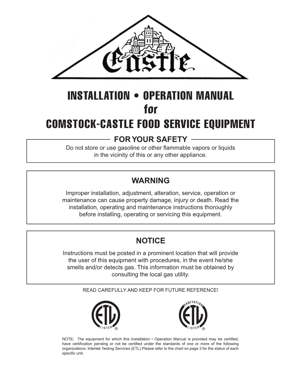 INSTALLATION • OPERATION MANUAL for COMSTOCK-CASTLE FOOD SERVICE EQUIPMENT