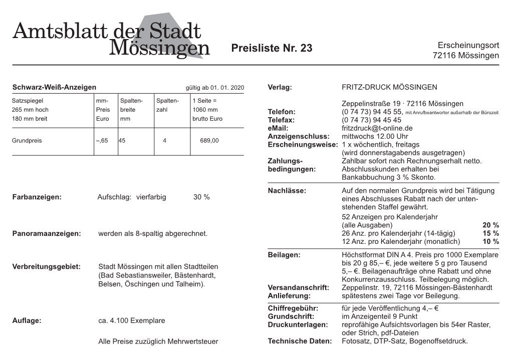 Preisliste Nr. 23 Erscheinungsort 72116 Mössingen