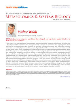Walter Wahli, Metabolomics 2017, 7:2(Suppl) Conferenceseries.Com