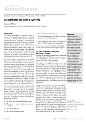 Anaesthetic Breathing Systems Quentin Milner Correspondence Email: Quentin.Milner@Rdeft.Nhs.Uk