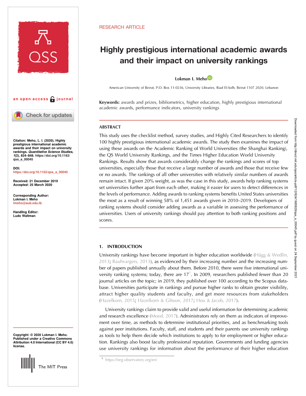 Highly Prestigious International Academic Awards and Their Impact on University Rankings