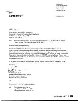 Cardinal Health, Amendment Request for Radioactive Materials License
