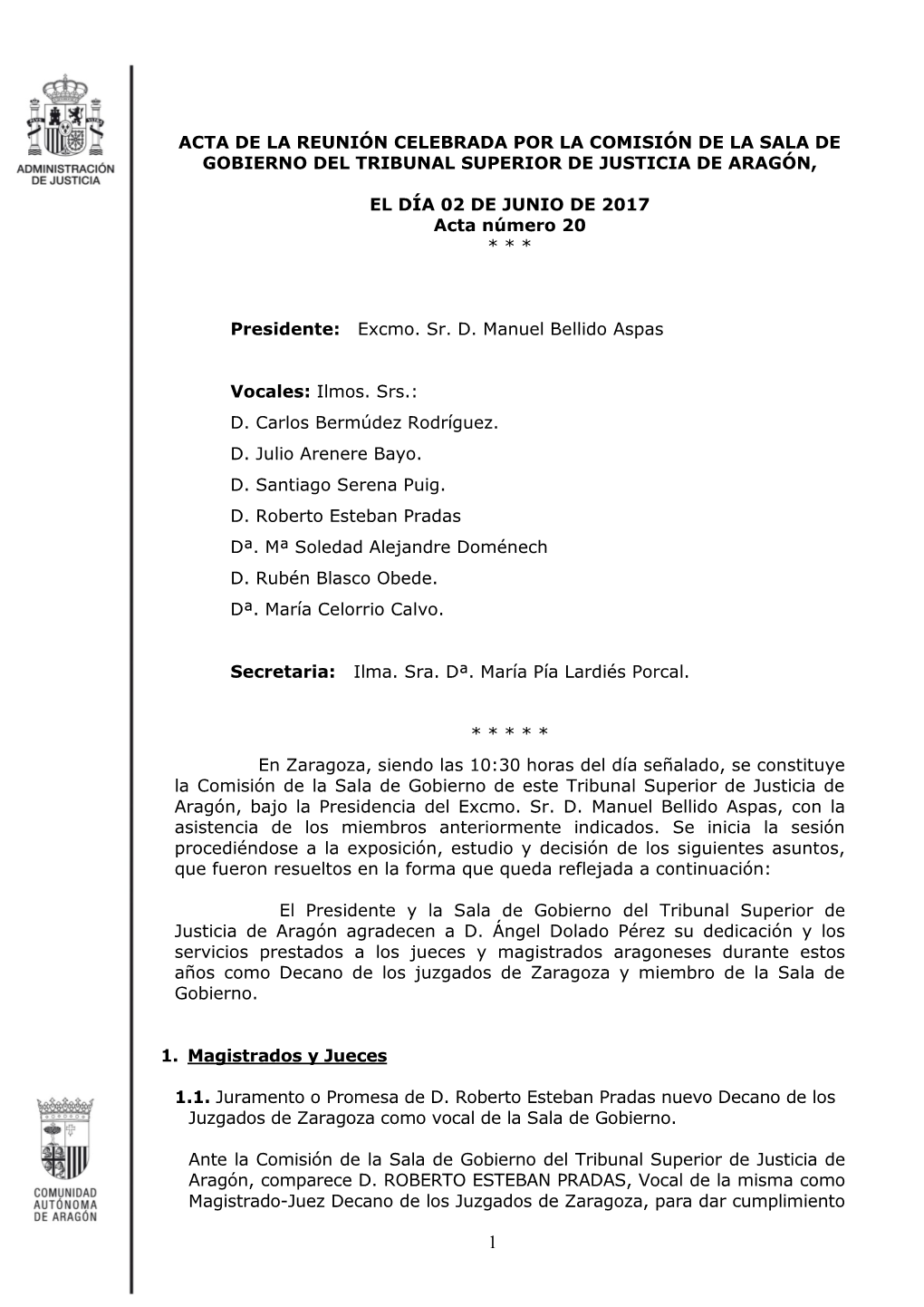 Acta De La Comisión De La Sala De Gobierno Del TSJ Aragón De 02 De Junio