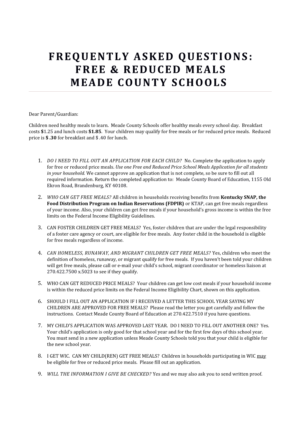 Frequently Asked Questions : Free & Reduced Meals Meade County Schools