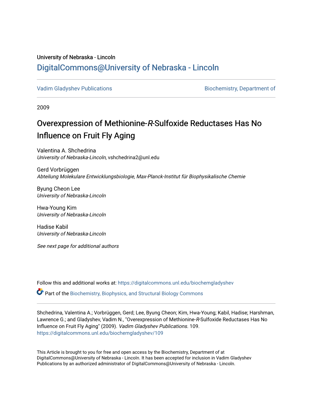 Overexpression of Methionine-R-Sulfoxide Reductases Has No Influence on Ruitf Fly Aging