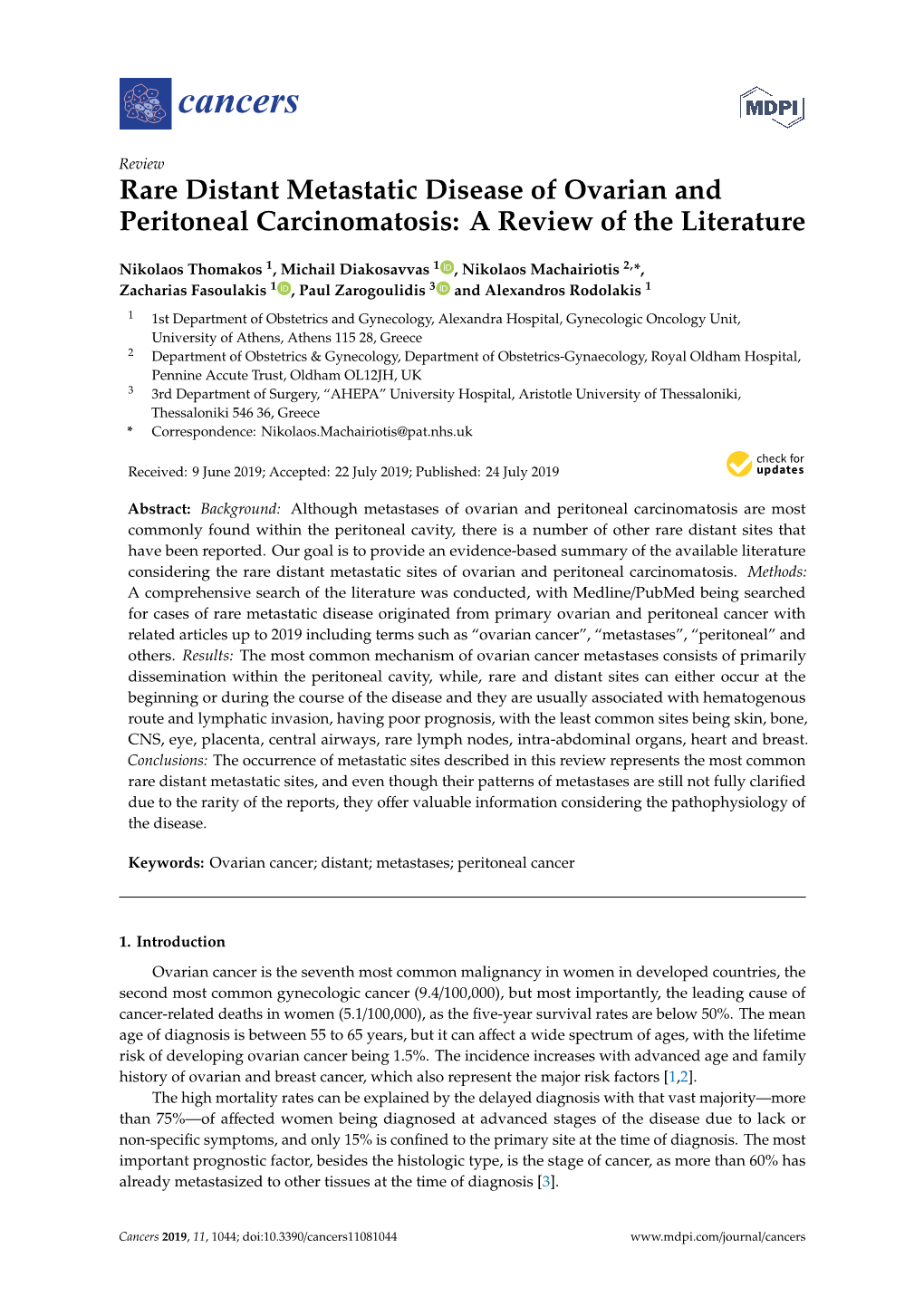 Rare Distant Metastatic Disease of Ovarian and Peritoneal Carcinomatosis: a Review of the Literature