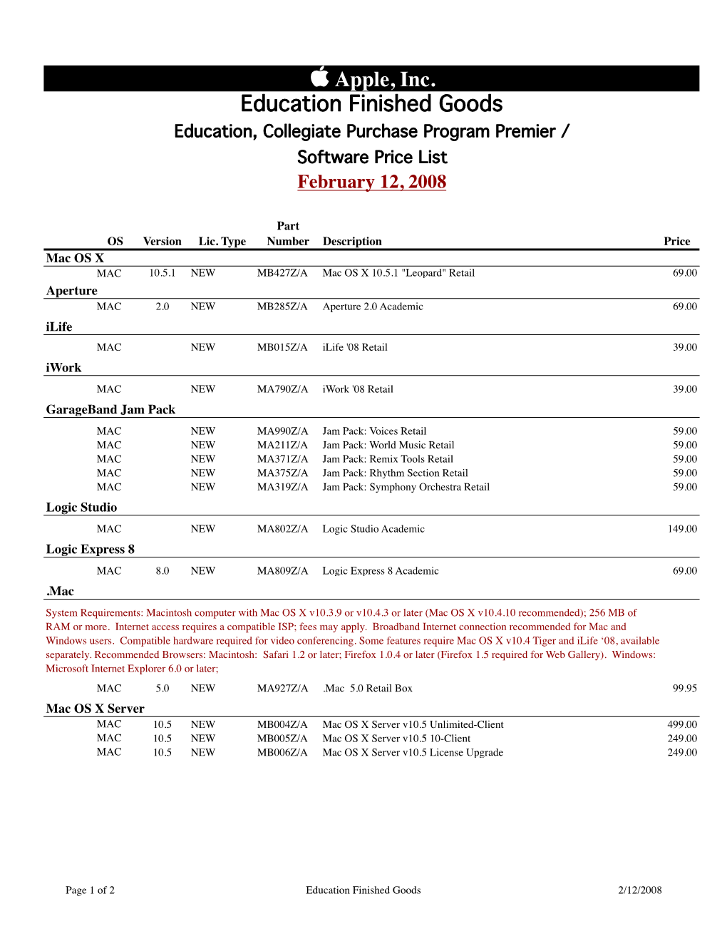 Apple, Inc. Education Finished Goods Education, Collegiate Purchase Program Premier / Software Price List February 12, 2008