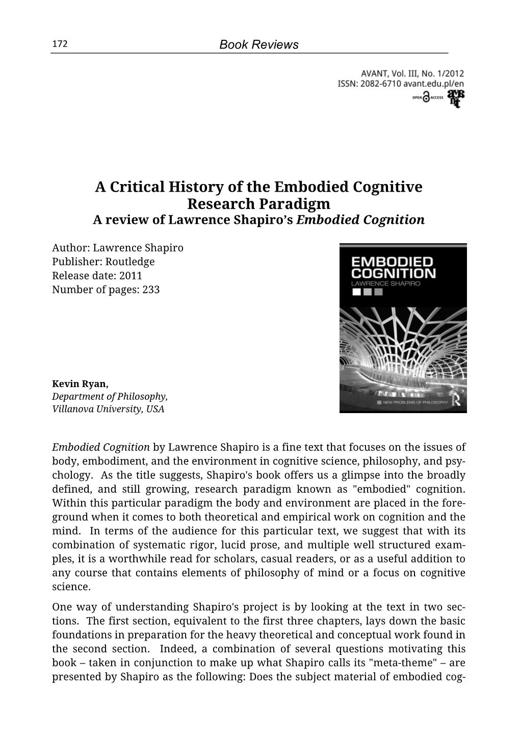 A Critical History of the Embodied Cognitive Research Paradigm a Review of Lawrence Shapiro’S Embodied Cognition